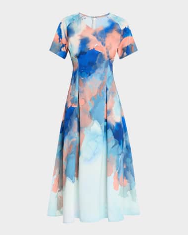 Misook Modern-Fit Watercolor Crepe De Chine Midi Dress