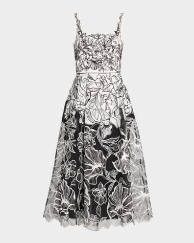 Aidan Mattox Sleeveless Floral-Embroidered Midi Dress