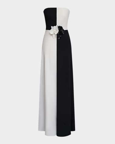Halston Cassia Strapless Two-Tone Floral Applique Gown