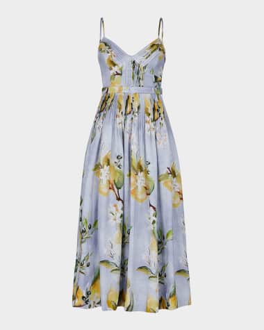 NICHOLAS Mireille Pintuck Floral-Print Linen Midi Dress