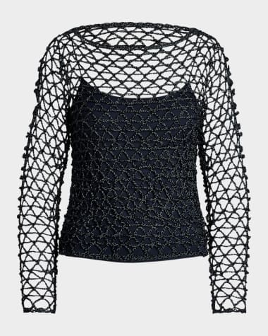 Ralph Lauren Collection Boat-Neck Metallic Crochet Knit Sweater