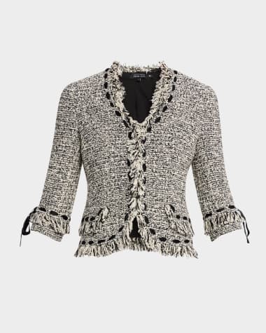 Rickie Freeman for Teri Jon Ribbon-Trim Fringed Tweed Jacket
