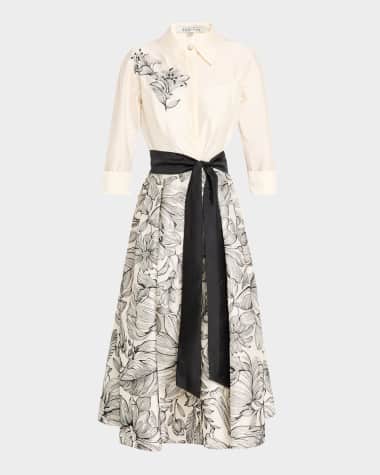 Rickie Freeman for Teri Jon Beaded Floral-Embroidered Midi Shirtdress