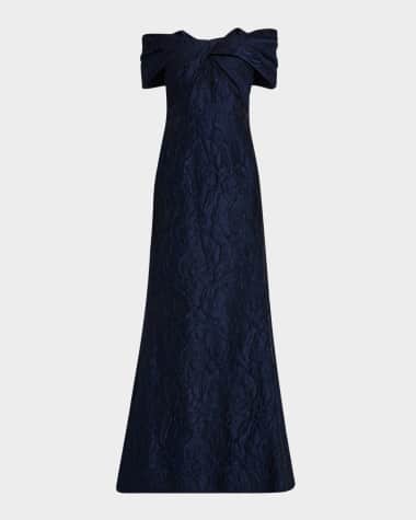 Rickie Freeman for Teri Jon Off-Shoulder Jacquard Trumpet Gown