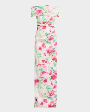 Rickie Freeman for Teri Jon Off-Shoulder Pleated Mikado Column Gown