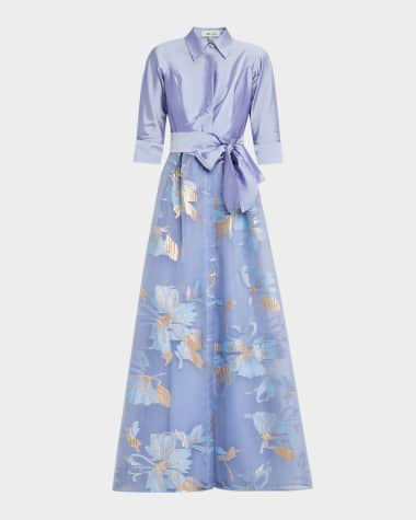 Rickie Freeman for Teri Jon Taffeta & Metallic Floral Organza Shirt Gown