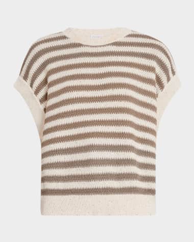 Brunello Cucinelli Striped Cap-Sleeve Paillette Knit Sweater