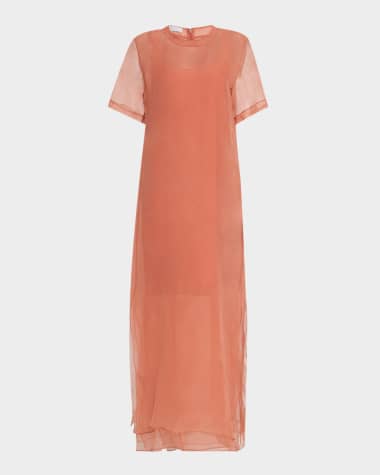Brunello Cucinelli Layered Crispy Silk Chiffon Maxi T-Shirt Dress