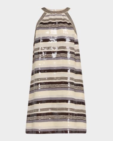 Brunello Cucinelli Multi Pailette Stripe Halter Mini Dress
