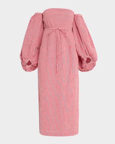 Rosie Assoulin Balloon-Sleeve Off-The-Shoulder Gingham Midi Dress