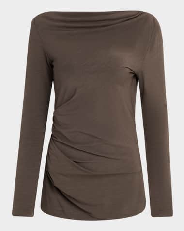 Brunello Cucinelli Long-Sleeve Asymmetric Draped Jersey Top
