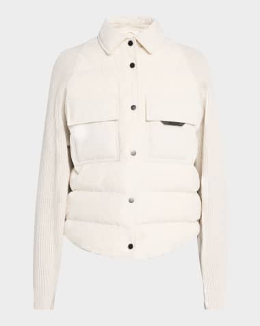Brunello Cucinelli Knit-Sleeve Techno Crinkled Cotton Padded Jacket