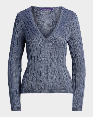 Ralph Lauren Collection V-Neck High Shine Silk Cable Knit Sweater