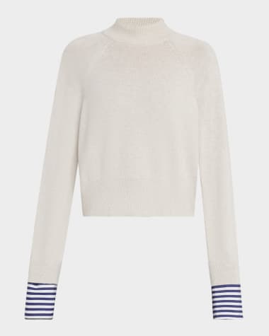 Brunello Cucinelli Mock-Neck Striped-Cuff Cashmere Knit Sweater