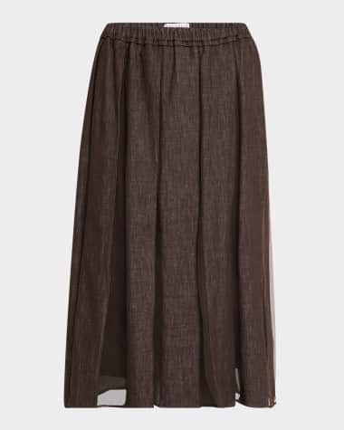 Brunello Cucinelli Pleated Denim Midi Skirt with Organza Panels