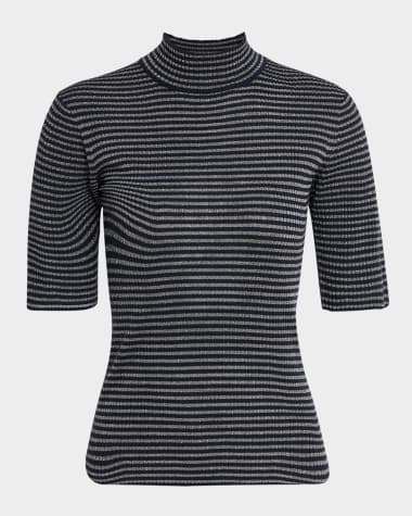 Brunello Cucinelli Shimmering Striped Rib Cashmere Mock-Neck Sweater