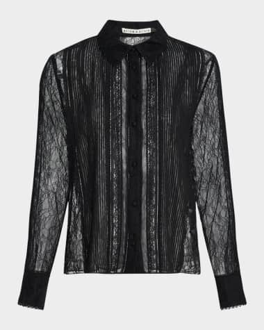 Alice + Olivia Willa Mixed-Media Lace Placket Top