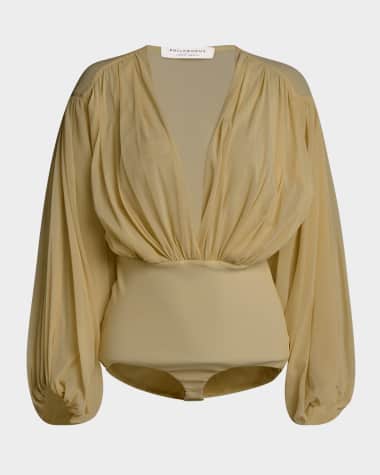 Philosophy di Lorenzo Serafini Plunging Gathered Long-Sleeve Bodysuit
