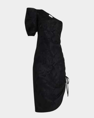Rosie Assoulin One-Shoulder Puff-Sleeve Ruched Midi Dress