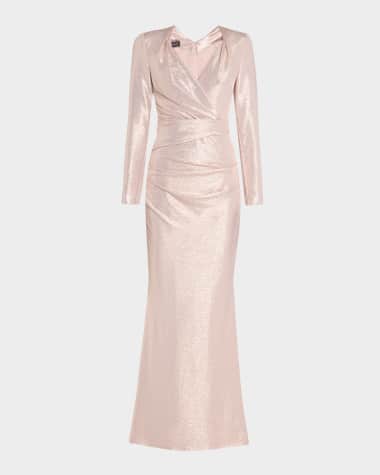 Talbot Runhof Draped Mirrorball Stretch Long-Sleeve Gown