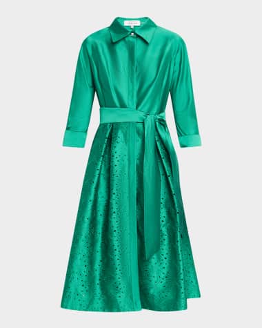 Rickie Freeman for Teri Jon Eyelet Embroidered Taffeta Midi Shirtdress