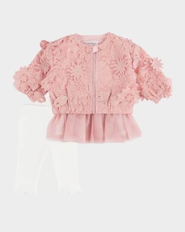 Miniclasix Girl's Lace Bomber Jacket Three-Piece Set, Size 3M-24M