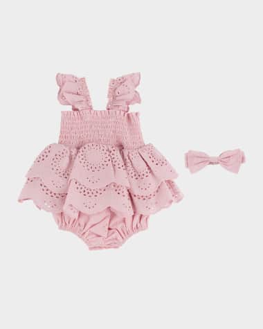 Miniclasix Girl's Smocked Eyelet Romper W/ Headband, Size 3M-24M