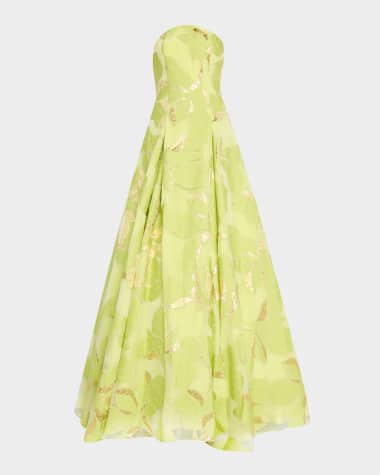 Jovani Pleated Strapless Floral Jacquard Gown