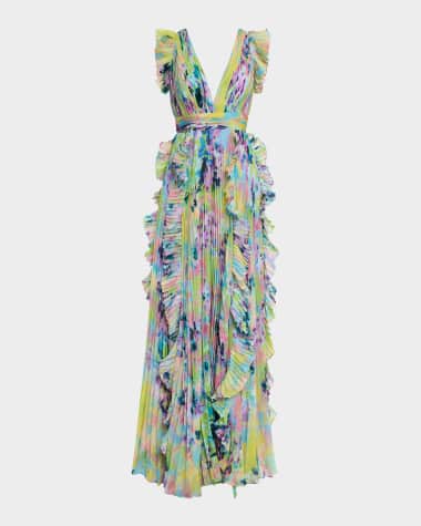 Jovani Pleated Ruffle-Trim Chiffon Gown
