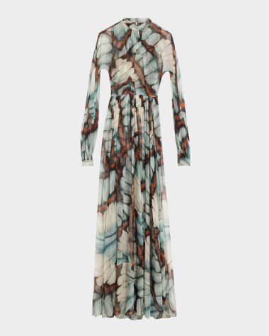 Oscar de la Renta Butterfly Chiffon Long-Sleeve Maxi Dress