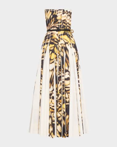 Oscar de la Renta Strapless Pleated Butterfly Poplin Ankle Dress With Belt