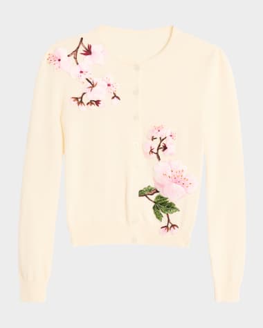 Oscar de la Renta Cherry Blossom Embroidered Crewneck Cardigan