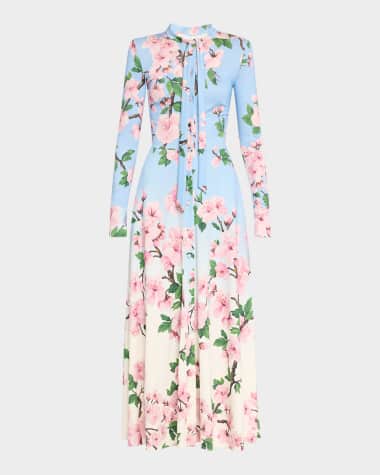Oscar de la Renta Cherry Blossom Degrade Jersey Long-Sleeve Maxi Dress