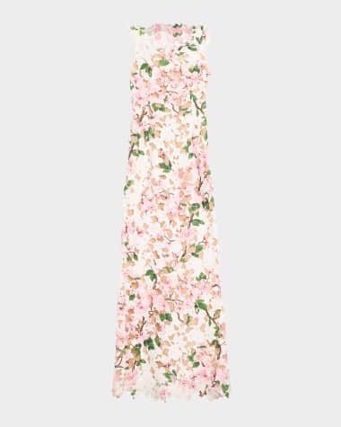 Oscar de la Renta Sleeveless Cherry Blossom Guipure Gown