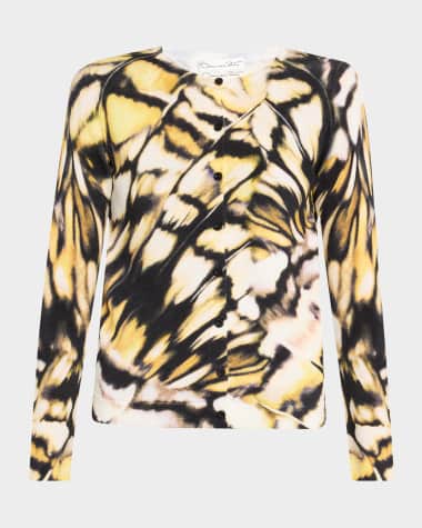 Oscar de la Renta Butterfly-Printed Crewneck Cardigan