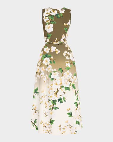 Oscar de la Renta Sleeveless Ombre Cherry Blossom Tea-Length Dress With Belt