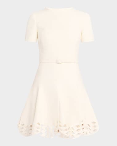 Oscar de la Renta Short-Sleeve Cutout-Hem Tweed Mini Dress With Belt