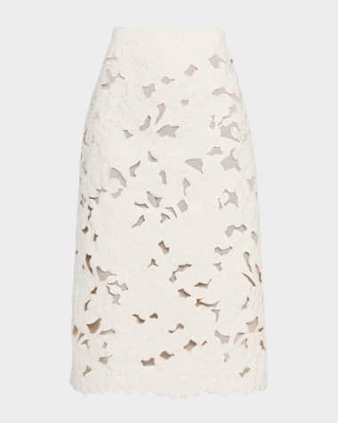 Oscar de la Renta Tweed Embroidered Cutout Midi Suiting Skirt