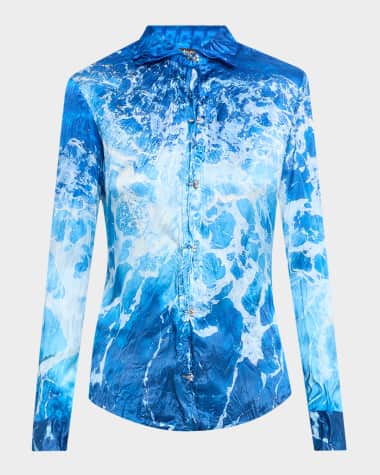Roberto Cavalli Sicily Ocean-Print Crinkle Silk Blouse