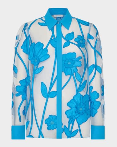 Milly Ashton Sheer Floral-Embroidered Top