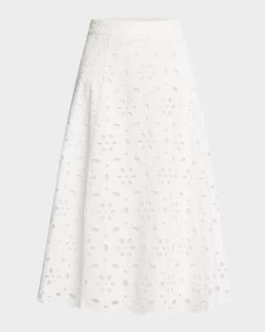 Milly Noella Eyelet Floral-Embroidered Midi Skirt