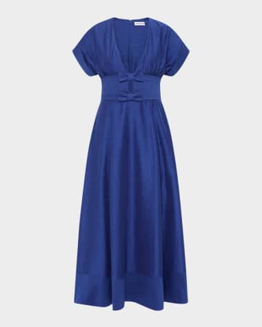 REBECCA VALLANCE Cera Deep V-Neck Bow Midi Dress