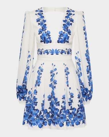 REBECCA VALLANCE Orchid Printed Mini V-Neck Fit-and-Flare Dress
