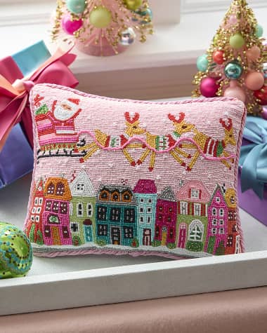 Sudha Pennathur Santa in Sleigh Over Buildings Beaded Pillow, 9" x 11"