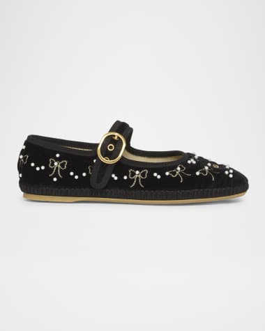 Valentino Garavani Endouce Bow Velvet Mary Jane Ballerina Flats