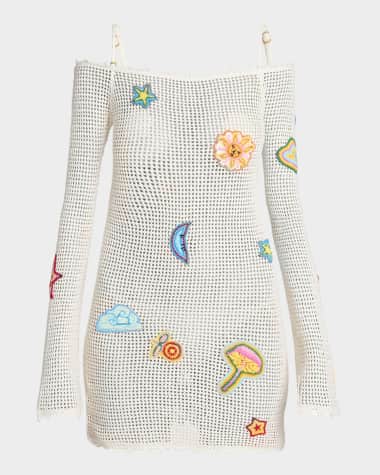 CASABLANCA Off-The-Shoulder Patched Crochet Knit Mini Dress