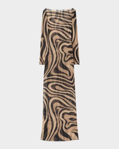 Emilio Pucci Marmo-Print Sheer Mesh Long-Sleeve Maxi Dress