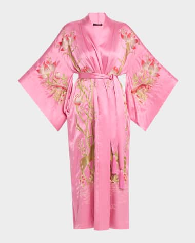Josie Natori Lotus Couture Embroidered Silk Charmeuse Robe