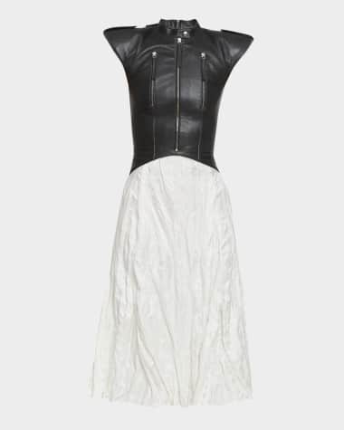 Gabriela Hearst Athena Strong-Shoulder Leather Fit-&-Flare Dress