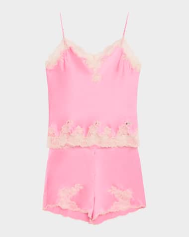 Josie Natori Lolita Lace-Trim Silk Pajama Set